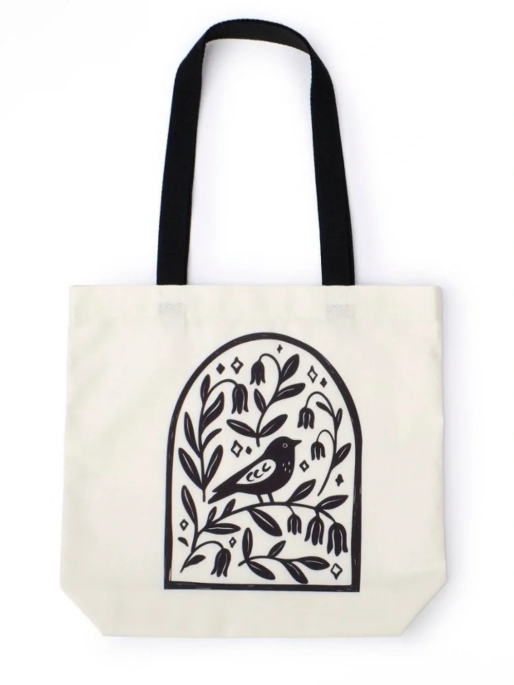 Canvas Tote Bag with Black Bird Print